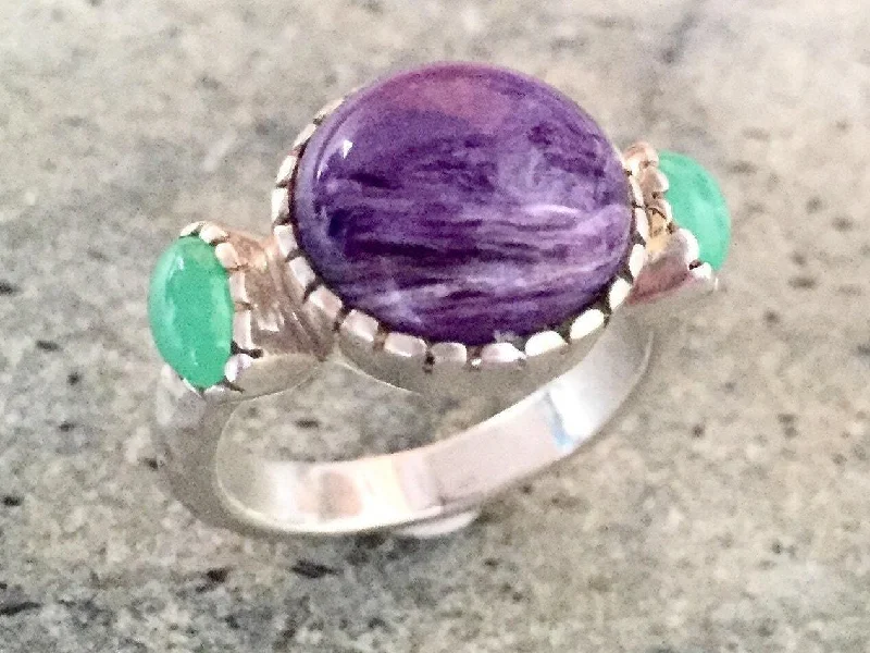 Large rings for women -Charoite Ring - Round Purple Ring - Three Stone Ring