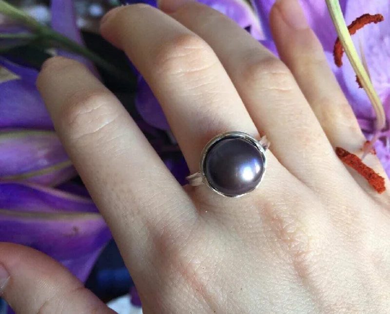 Cute silver rings for women -Black Pearl Ring - Pearl Vintage Ring - Statement Pearl Ring