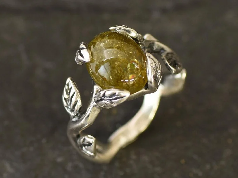 Large statement rings for women -Green Tourmaline Ring - Silver Leaf Ring - Olive Branch Ring