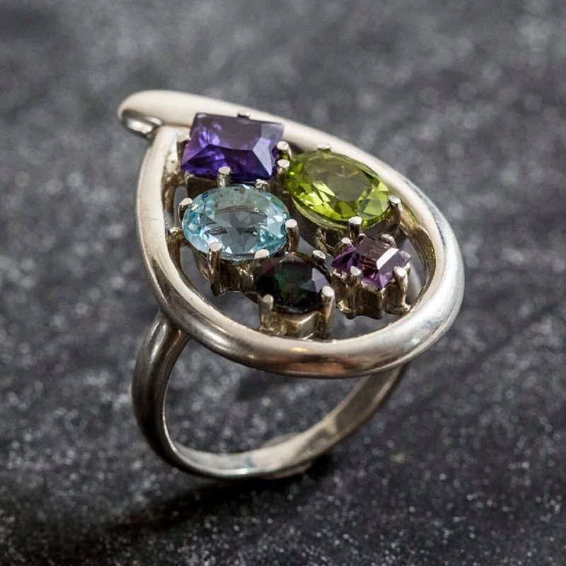 Large gemstone rings for women -Amethyst Teardrop Ring - Multistone Silver Ring - Colorful Statement Ring