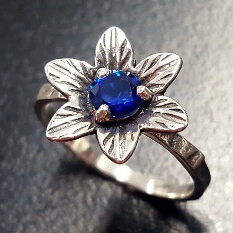 Wedding rings for women with sapphires -Sapphire Flower Ring - Blue Solitaire Ring - Vintage Floral Ring