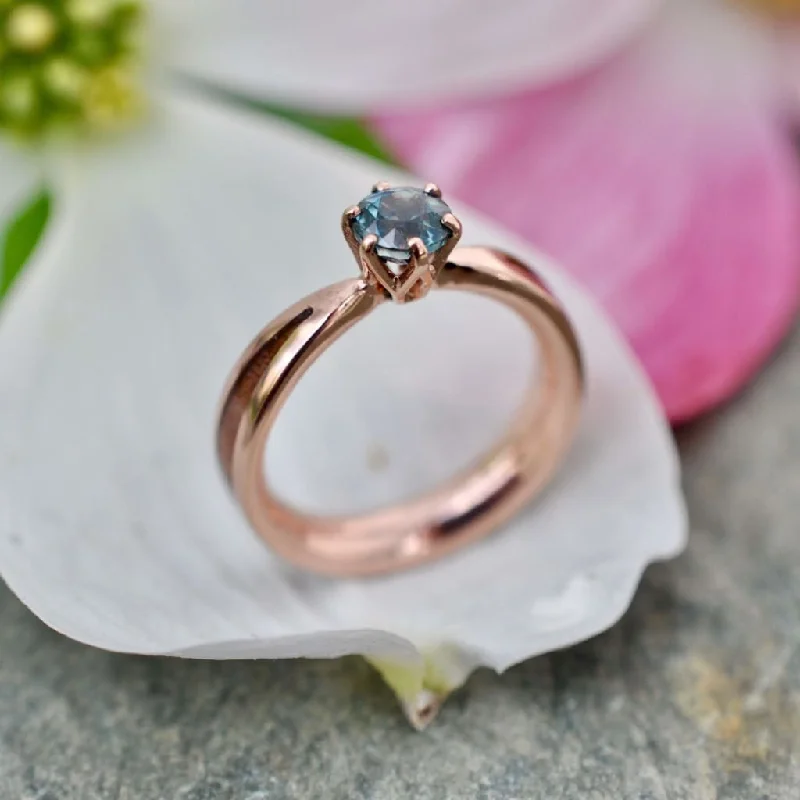 Round-cut engagement rings for women -Aquamarine Solitaire Rose Gold Engagement Ring with Dogwood Wood