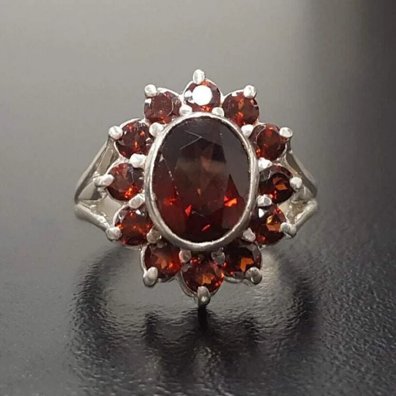 Wedding rings for women -Garnet Flower Ring - Red Cocktail Ring - Vintage Statement Ring