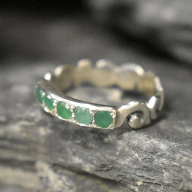 Silver engagement rings for women -Genuine Emerald Band - Silver Ornament Band - May Birthstone Ring