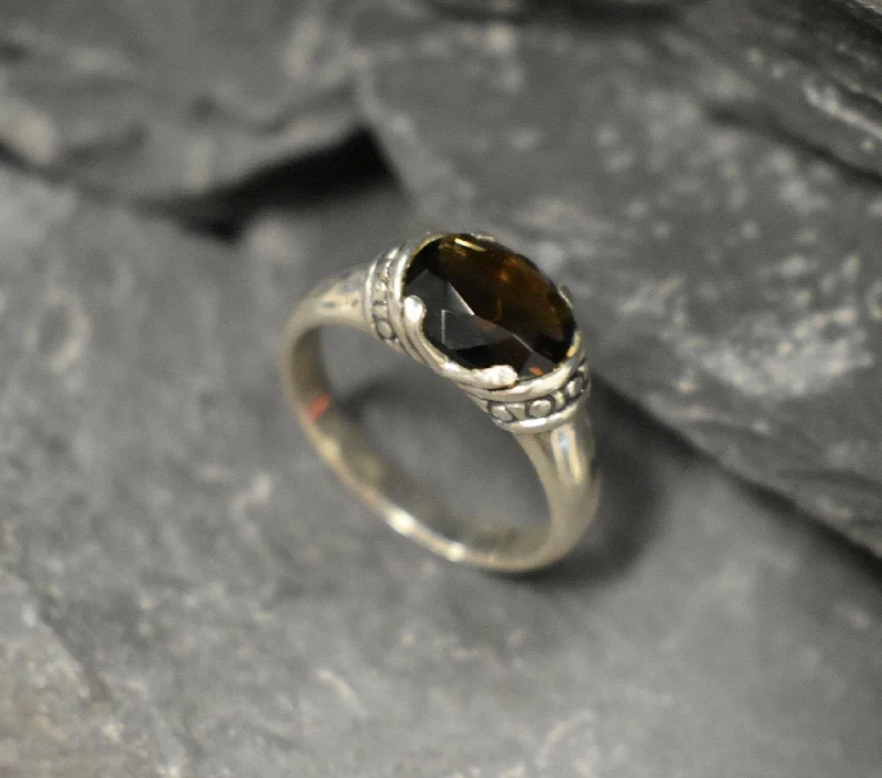 Stackable rings for women -Genuine Quartz Ring - Smoky Topaz Boho Ring - Brown Solitaire Ring