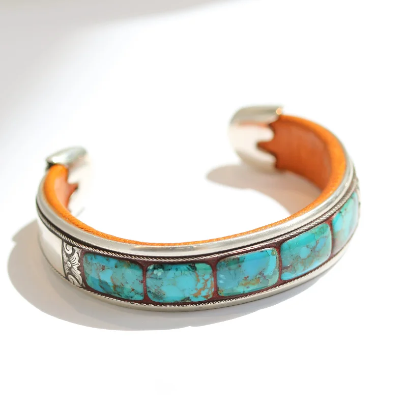 Luxury tennis bracelets for women -Charlie Favour Turquoise Mosaic on Leather Bracelet No. 1