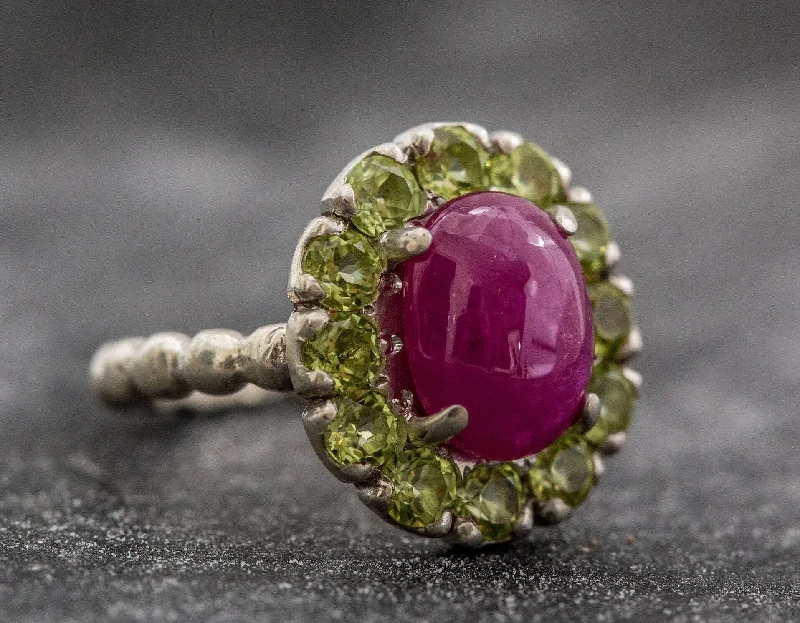 Designer wedding rings for women -Genuine Ruby Ring - Red Flower Ring - Vintage Cocktail Ring