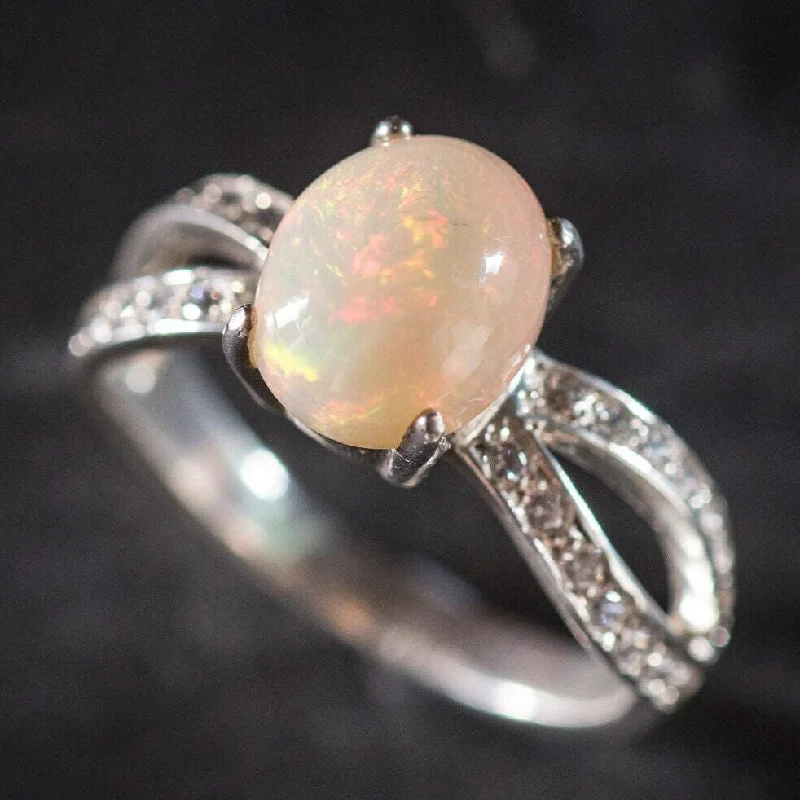 Large rings for women -Opal Silver Ring - Split Pave Band - Vintage Opal Ring