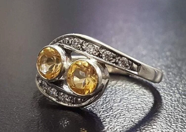 Colored gemstone rings for women -Two Stone Citrine Ring - Vintage Yellow Ring - November Birthstone Ring