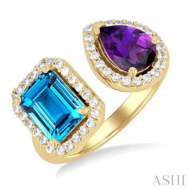 Statement engagement rings for women -1/3 ctw Open Toi Et Moi 8X6 MM Emerald Cut Blue Topaz and Pear Cut Amethyst & Round Cut Diamond Halo Fashion Ring in 14K Yellow Gold