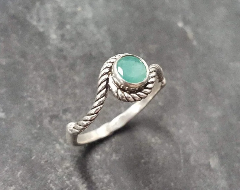 Personalized silver rings for women -Dainty Emerald Ring - Silver Rope Band - May Birthstone Ring