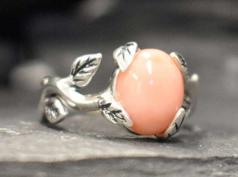 Custom couple rings for women -Pink Leaf Ring - Natural Coral Ring - Vintage Solitaire Ring