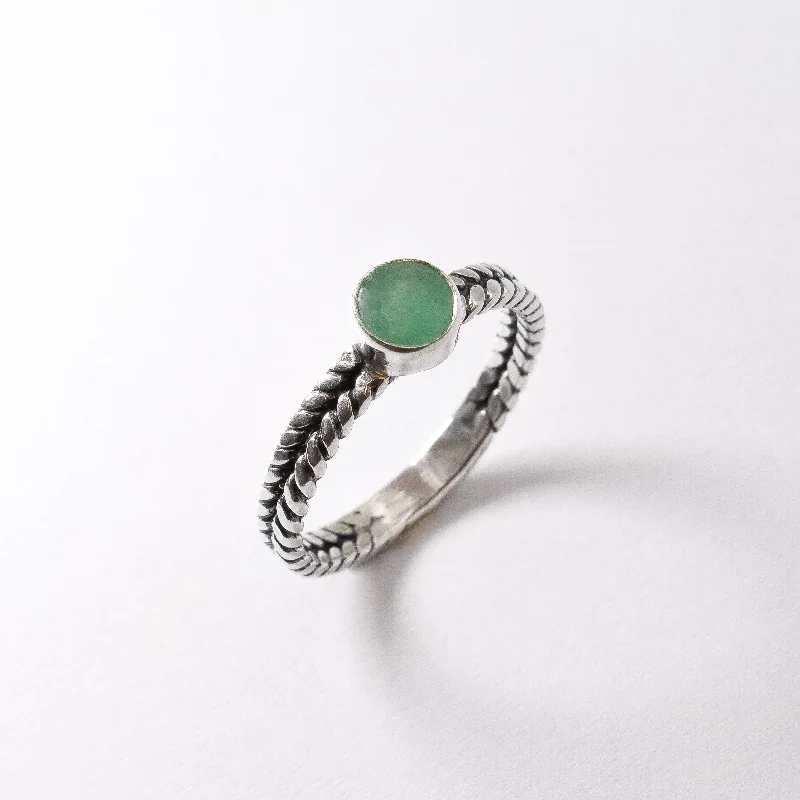 Modern gold rings for women -Natural Emerald Ring - Green Bezel Ring - Silver Braided Ring