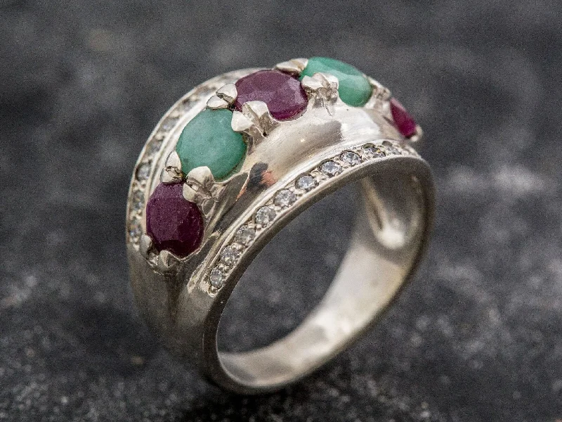 Vintage-inspired rings for women -Emerald Statement Ring - Natural Ruby Ring - Chunky Silver Ring