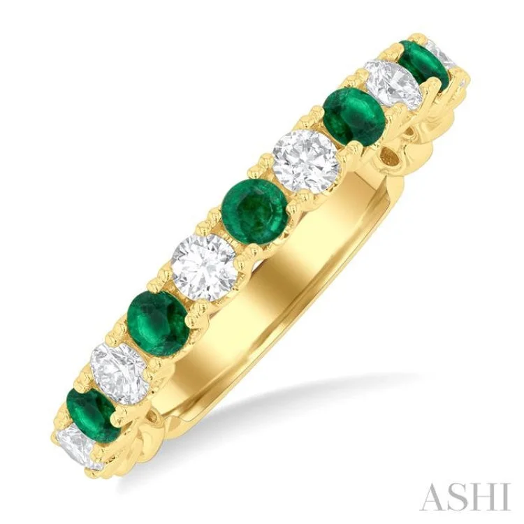 Simple solitaire engagement rings for women -2.6 MM Emerald and 3/8 ctw Round Cut Diamond Precious Wedding Band in 14K Yellow Gold