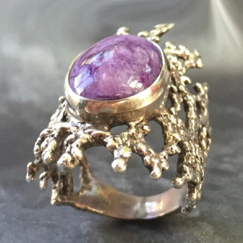 Diamond solitaire rings for women -Purple Statement Ring - Charoite Bezel Ring - Artistic Silver Ring