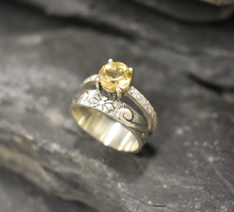 Trendy rings with gemstones for women -Boho Citrine Ring - Yellow Round Ring - Wide Double Band