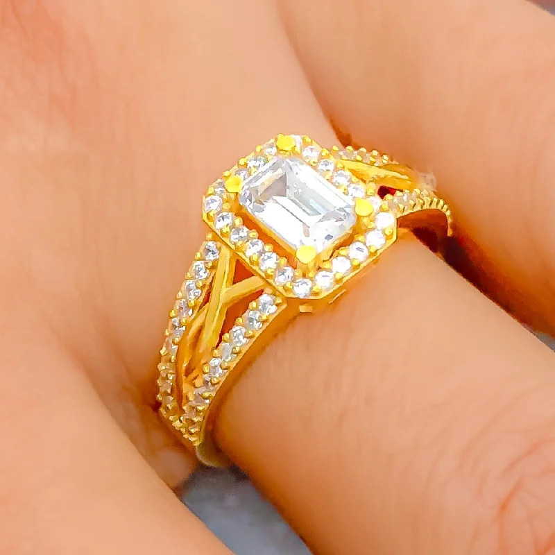 Birthstone rings for women -Radiant Lavish 22k Gold CZ Ring w/ Solitaire Stone