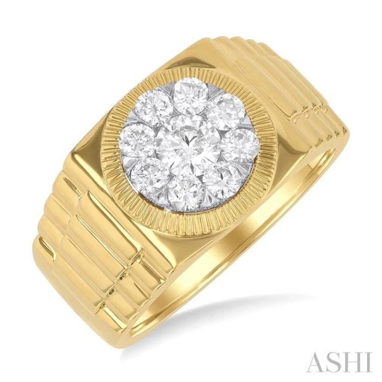 Unique engagement rings for women -1.00 ctw Flat Top Lovebright Round Cut Diamond Men's Ring in 10K Yellow and White Gold