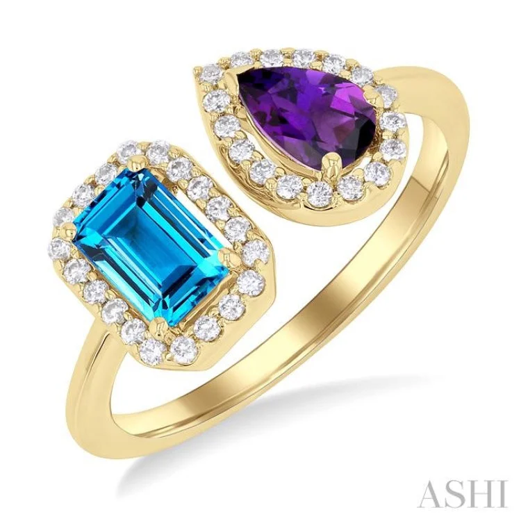 Engagement rings with diamonds for women -1/5 ctw Open Toi Et Moi 6X4 MM Emerald Cut Blue Topaz and Pear Cut Amethyst & Round Cut Diamond Halo Fashion Ring in 14K Yellow Gold