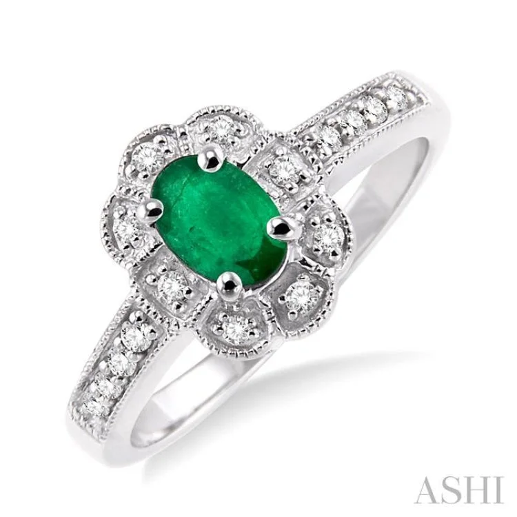 Stackable engagement rings for women -6x4 MM Oval Cut Emerald and 1/6 ctw Single Cut Diamond Ring in 10K White Gold