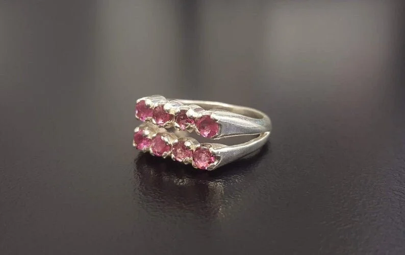 Emerald rings for women -Pink Tourmaline Ring - Wide Pink Ring - Vintage Double Band