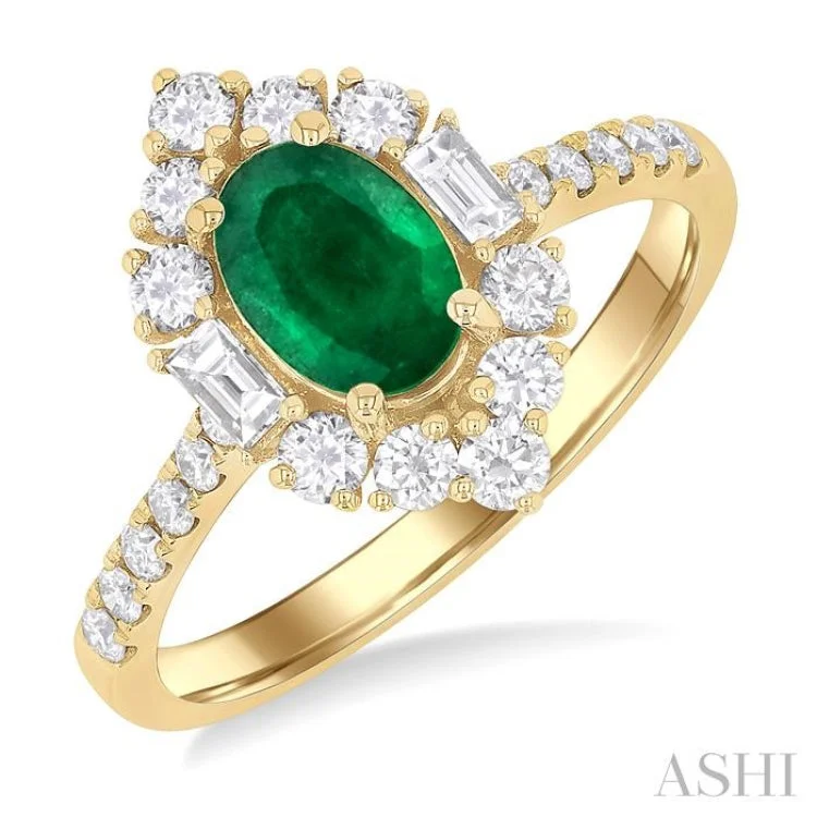 Engagement rings with emeralds for women -7x5 MM Oval Cut Emerald & 5/8 ctw Baguette and Round Cut Diamond Halo Precious Ring in 14K Yellow Gold