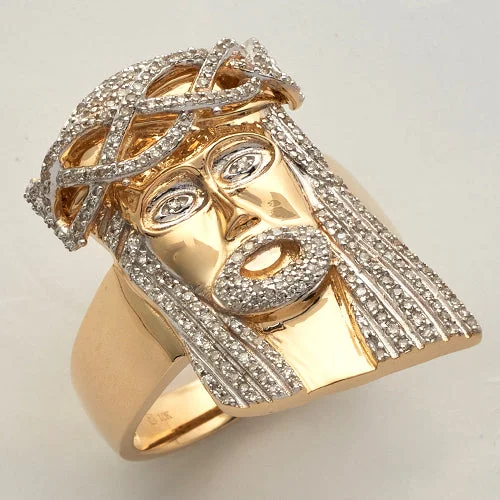 Engagement rings with intricate bands for women -10KY 0.75CTW DIAMOND JESUS HEAD MENS RING