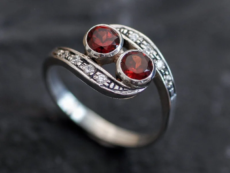 Custom rings for women -Bypass Garnet Ring - Red Two Stone Ring - Vintage Silver Ring