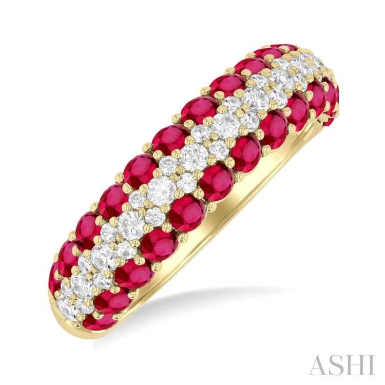 Engagement rings with radiant diamonds for women -2.4 MM Center Border Round Shape Ruby and 1/2 ctw Round Cut Diamond Precious Band in 14K Yellow Gold