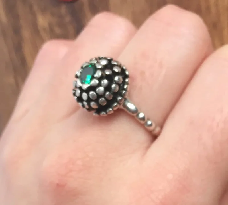 Vintage rings for women -Round Emerald Ring - Sphere Silver Ring - Emerald Flower Ring