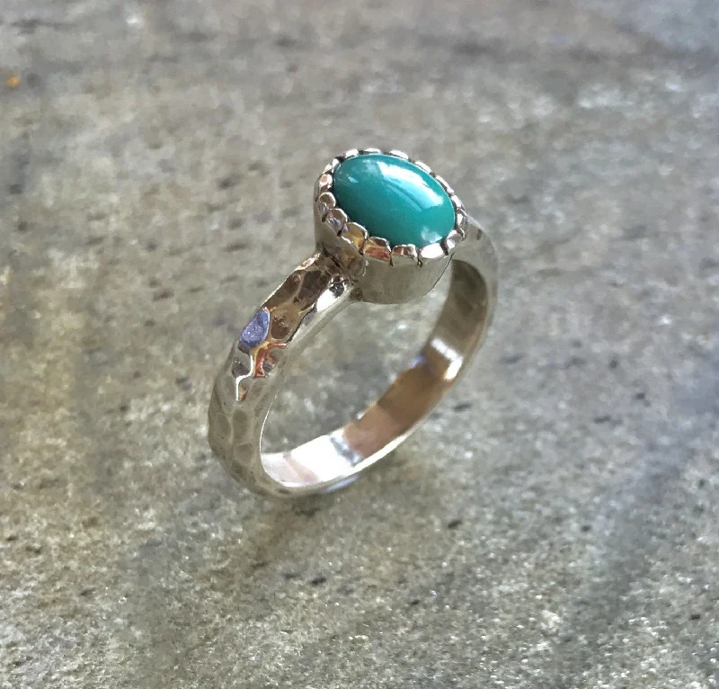 Engagement rings for women -Turquoise Ring - Blue Solitaire Ring - Vintage Hammered Band