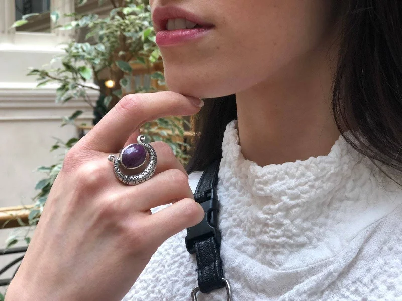 Simple wedding rings for women -Ruby Statement Ring - Silver Boho Ring - Ruby Bezel Ring