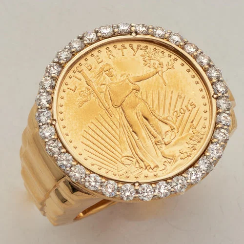 Handcrafted engagement rings for women -14KY 1.50CTW DIAMOND MENS RING WITH 1/4 OZ COIN