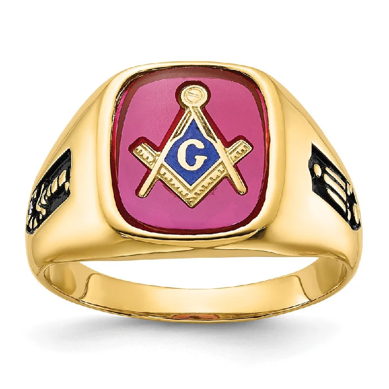 Custom couple rings for women -Solid 14k Yellow Gold Men's Synthetic Simulated Ruby Masonic Ring