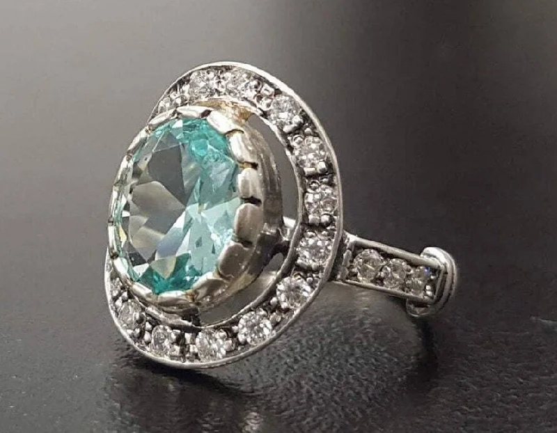 Custom-designed rings for women -Aquamarine Victorian Ring - Blue Gemstone Ring - Aquamarine Halo Ring