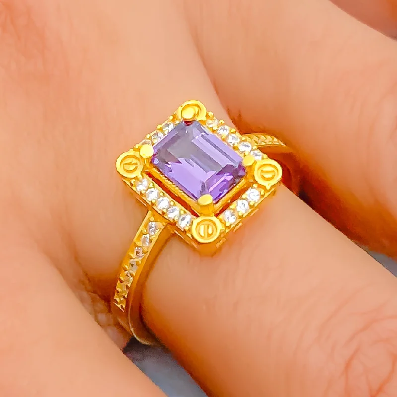 Minimalist rings for women -Lovely Lavender 22k Gold CZ Ring w/ Solitaire Stone