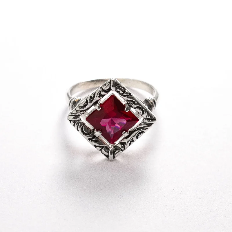 Elegant gold rings for women -Silver Ruby Ring - Ruby Rhombus Band - Vintage Ruby Ring