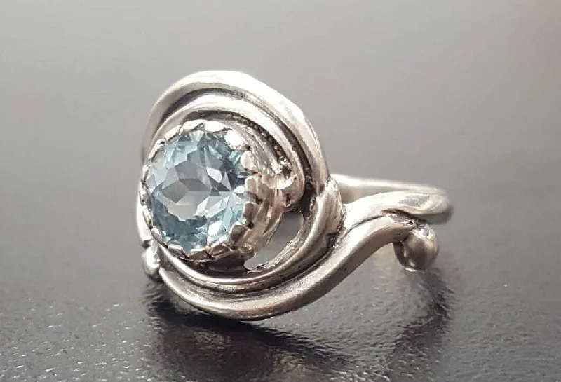 Engagement rings for women -Solitaire Blue Topaz Ring - Swirl Silver Ring - Blue Topaz Spiral Ring