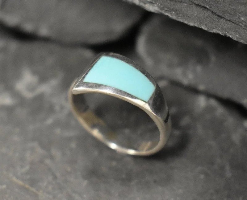 Rings with emerald for women -Genuine Turquoise Ring - Flat Blue Ring - Smooth Trapezoid Ring