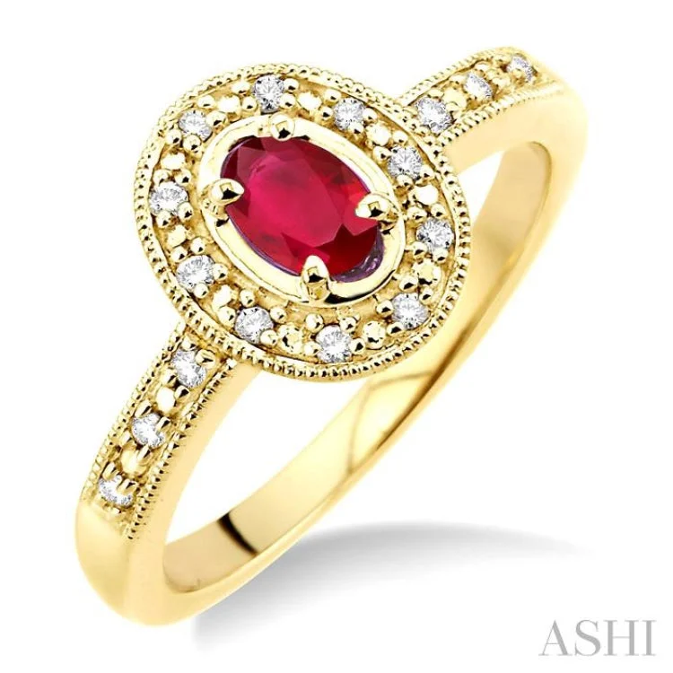 Custom gemstone engagement rings for women -5x3 MM oval cut Ruby and 1/10 ctw Single Cut Diamond Ring in 10K Yellow Gold.