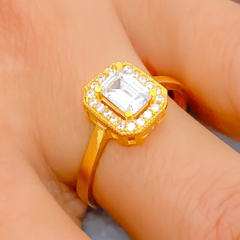 Promise rings for women -Shimmering Rectangular 22k Gold CZ Ring w/ Solitaire Stone