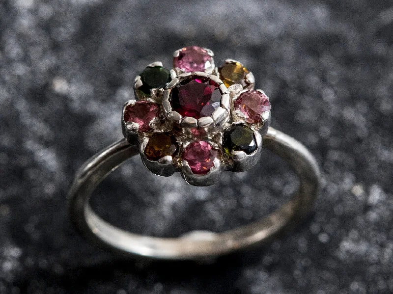 Colored gemstone rings for women -Garnet Flower Ring - Tourmaline Ring - Colorful Cocktail Ring