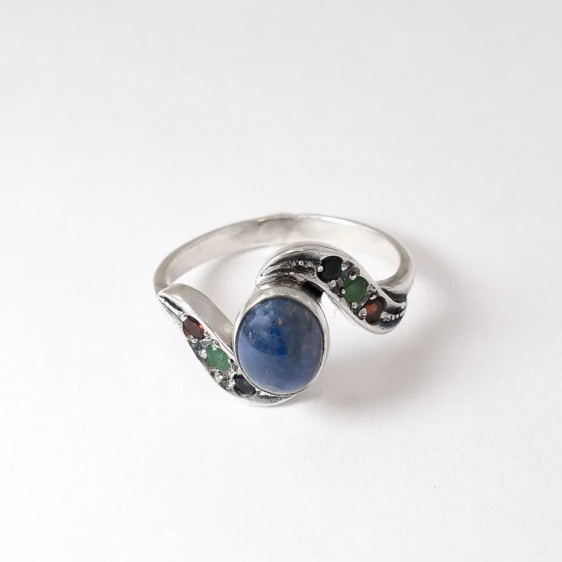 Wedding rings with diamonds for women -Sapphire Bezel Ring - Multistone Ring - Blue Vintage Ring